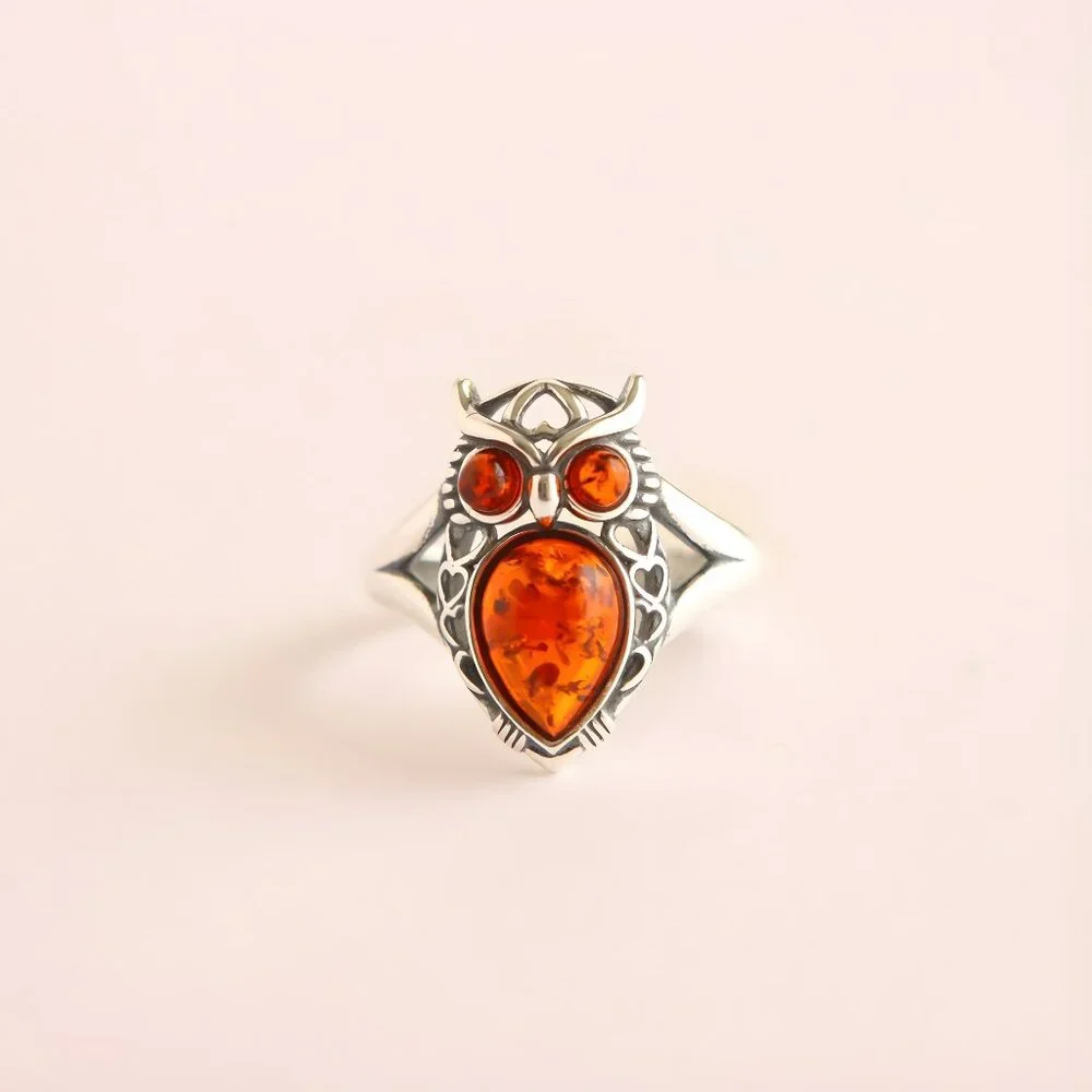 Baltic Amber Owl Ring in 925 Sterling Silver